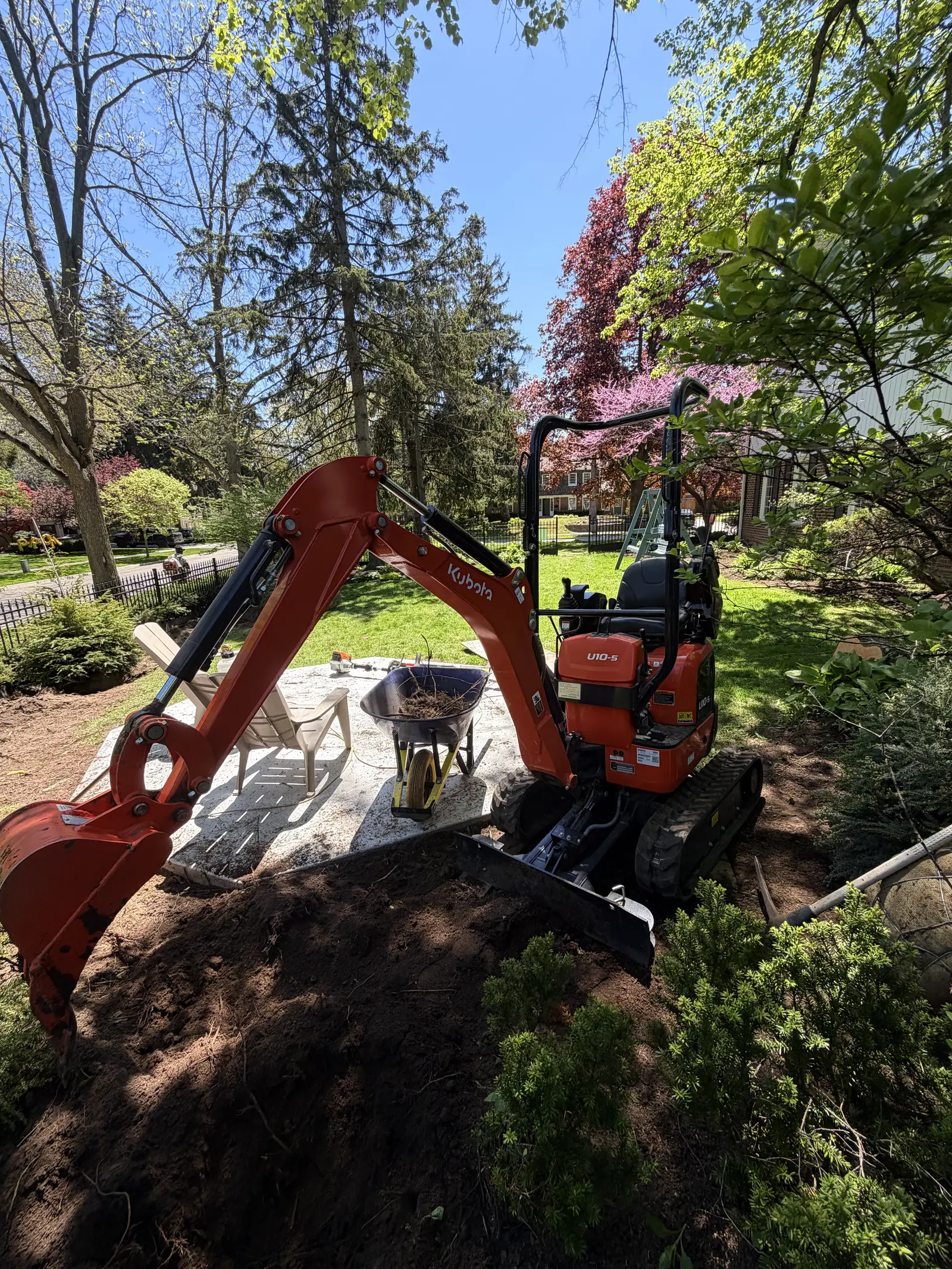 Mini excavator working soil in a planted bed, a Japanese maple and mature trees behind.