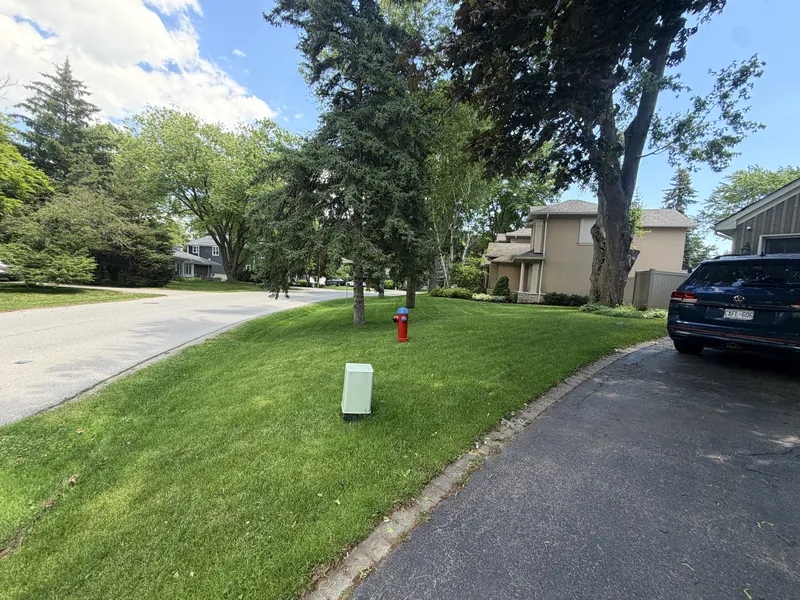 Cut and edged lawn running to the driveway under mature trees.