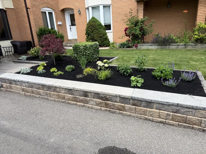 Raised stone retaining wall holding a planted bed above a paver walkway.